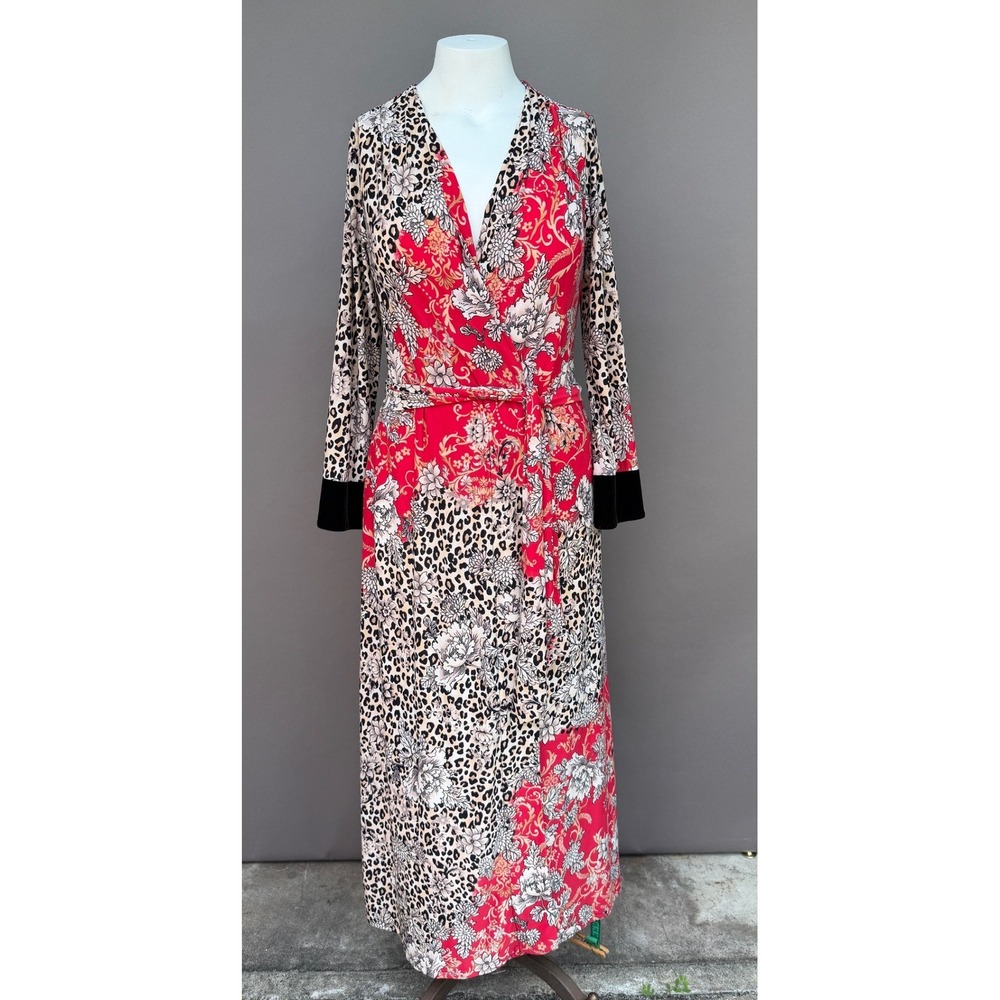 Soma Long Sleeve Wrap Maxi Dress S Red Floral Leopard Velvet Cuff Pockets Robe
